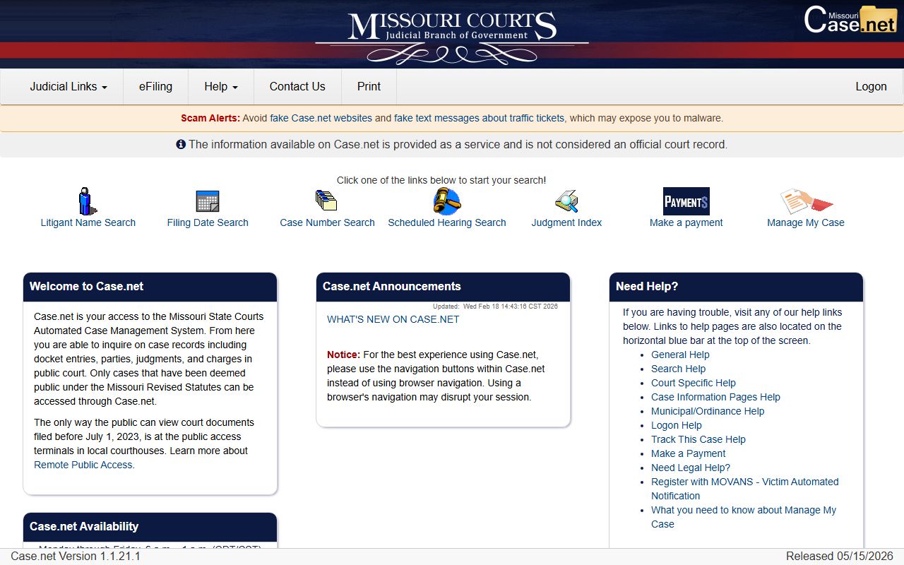 Missouri Case.net public court search portal