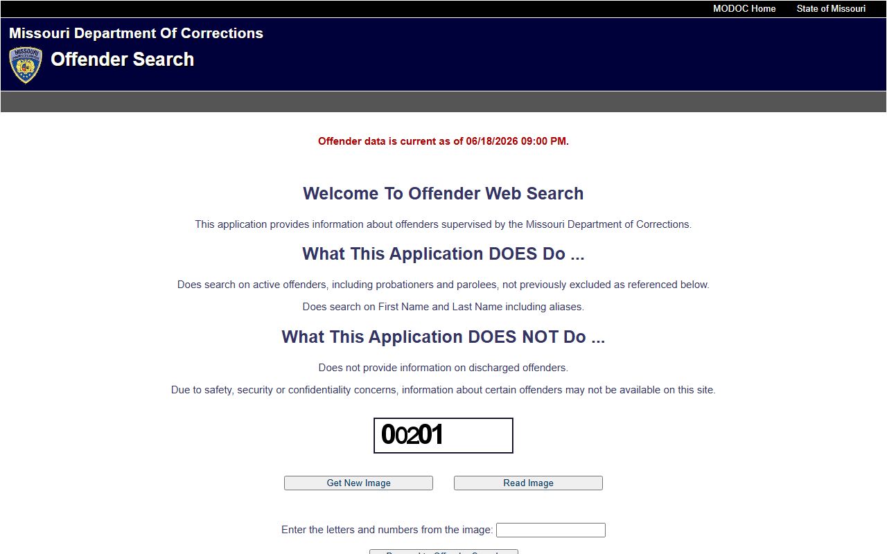 Missouri Department of Corrections offender search page